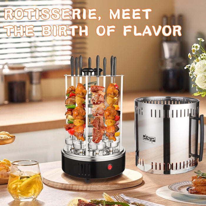 A countertop rotisserie grill set shown in a kitchen-like dining environment, with skewers cooking inside a clear cylindrical rotisserie chamber and a separate stainless steel bucket-style burner or smoker component beside it. Large overlaid text at the top reads 'ROTISSERIE, MEET THE BIRTH OF FLAVOR'.