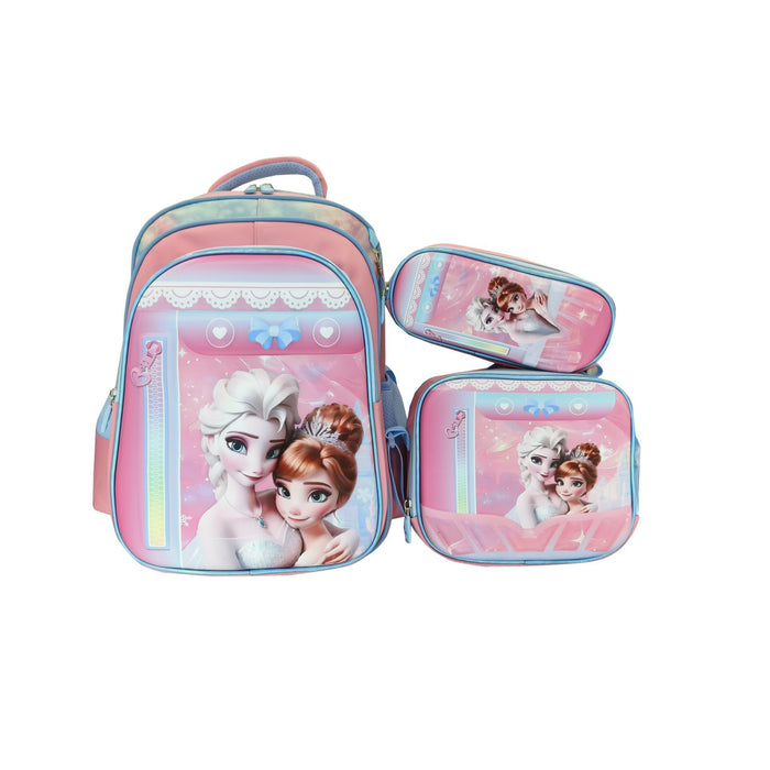 Pink backpack set with Frozen characters on a white background