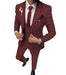 Maroon checkered suit with red tie and pocket square on a white background