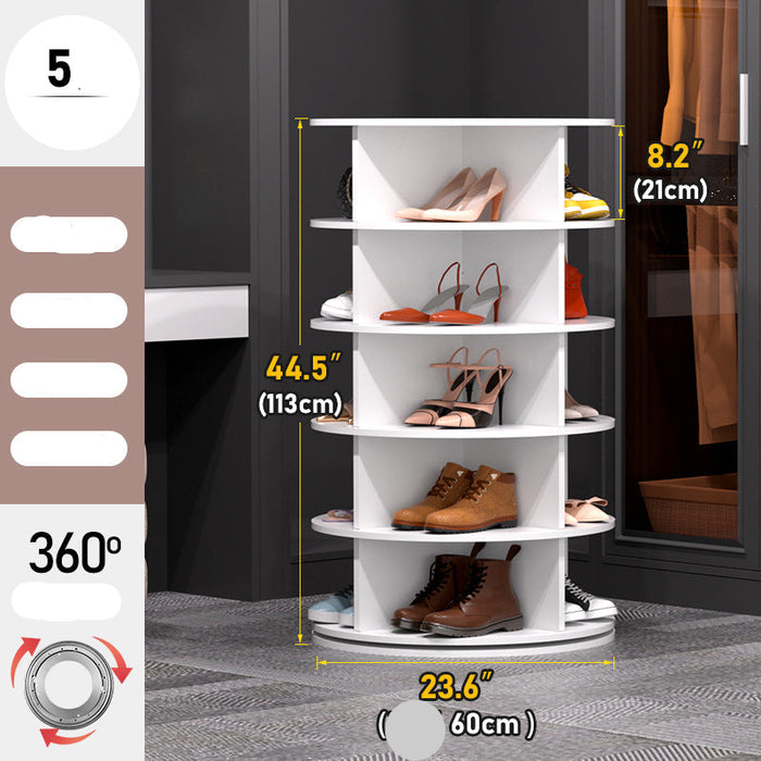 White shoe rack with shoes on shelves, showing dimensions and features.