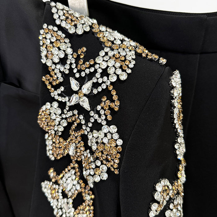 Star Fashion Heavy Industry Diamond Beading Stand Collar Blazer Slit Pants Suit