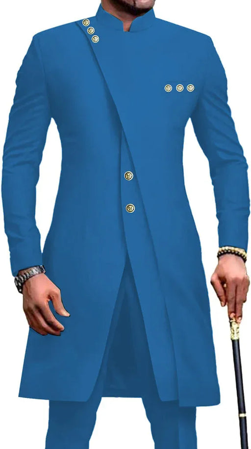 Blue traditional coat with gold buttons on a white background