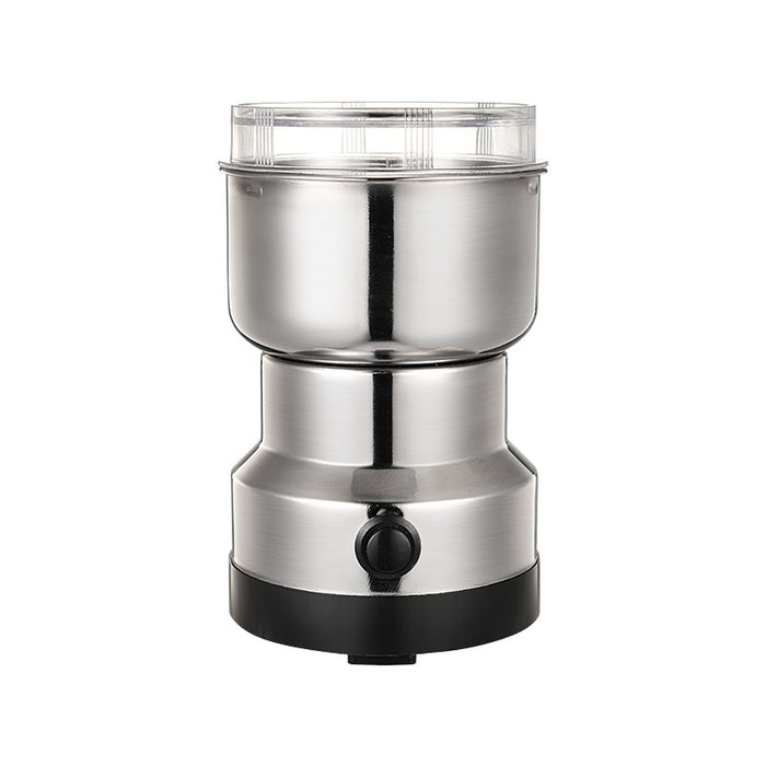Stainless steel coffee grinder on a white background