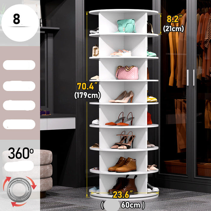 Rotating shoe rack with shelves displaying shoes in a room setting