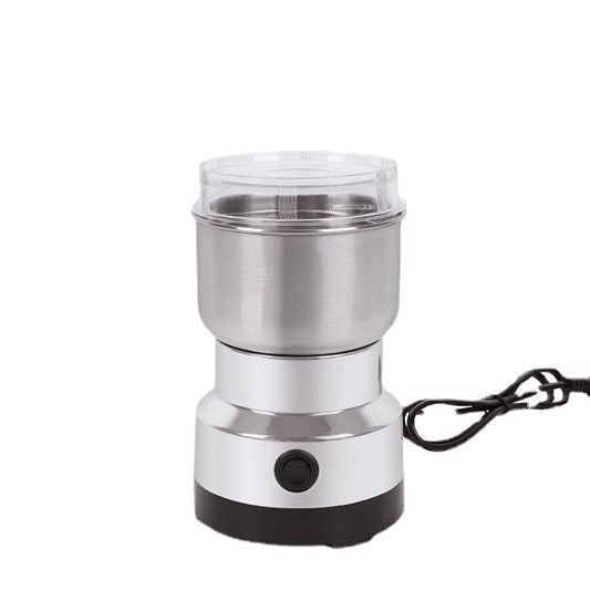 Stainless steel coffee grinder on a white background