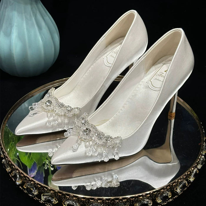 French Pointed Toe Rhinestone Elegant White Satin High Heel Wedding Shoes