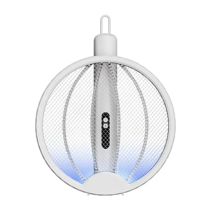 White electric fly swatter with mesh design on a white background