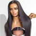 Mannequin head with long black straight hair on a white background