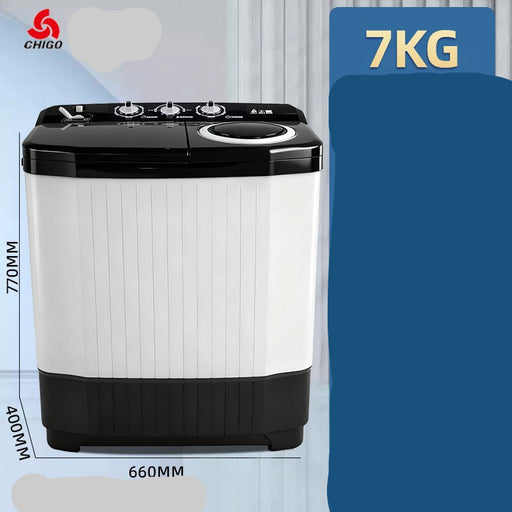 Black and white washing machine with specifications on a blue background