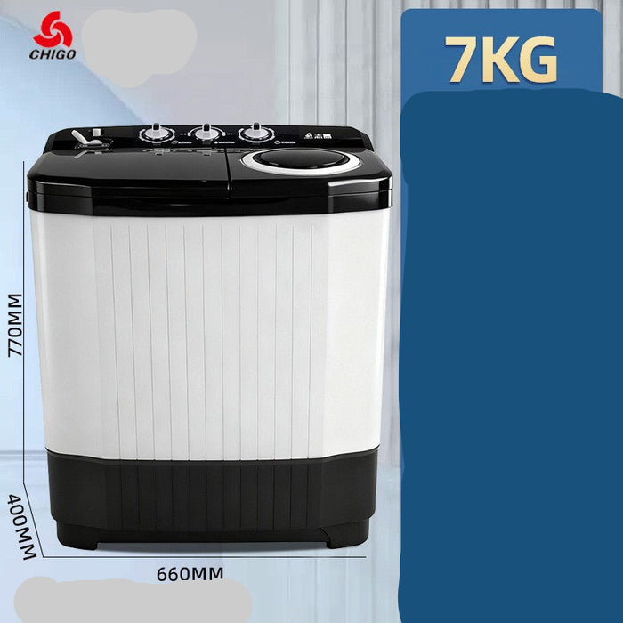 Black and white washing machine with specifications on a blue background