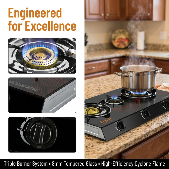 Stove with triple burner system, tempered glass, and high-efficiency flame in a kitchen setting.