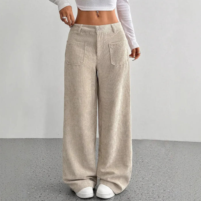 Corduroy High-Waisted Loose Floor-Length Wide-Leg Pants Front and Back Pockets
