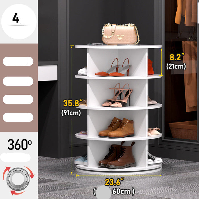 White shoe rack with shoes on a gray floor, showing dimensions and features.