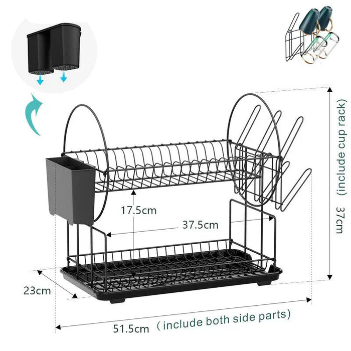 Black dish rack with measurements on a white background