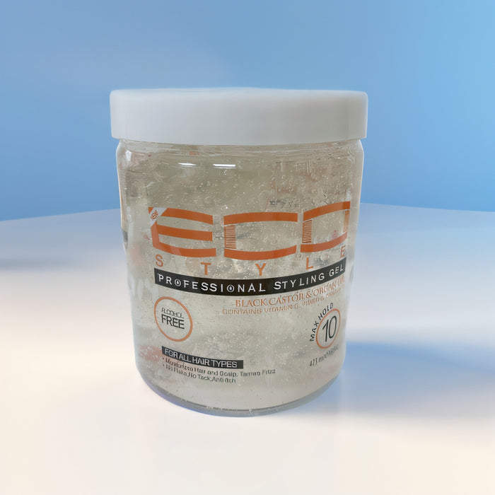 Jar of ECO Styling Gel on a light blue background