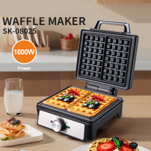 Waffle maker with waffles on a kitchen counter, showing 1600W power rating.