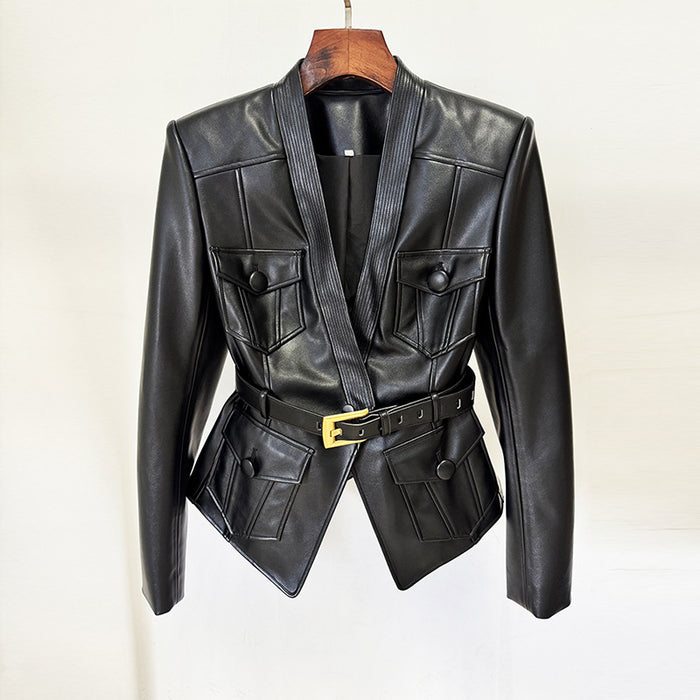 Black leather jacket with a yellow belt on a white background