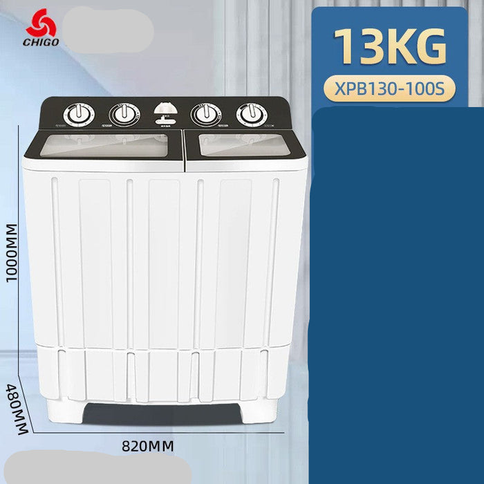 White washing machine with black top panel on a light blue background