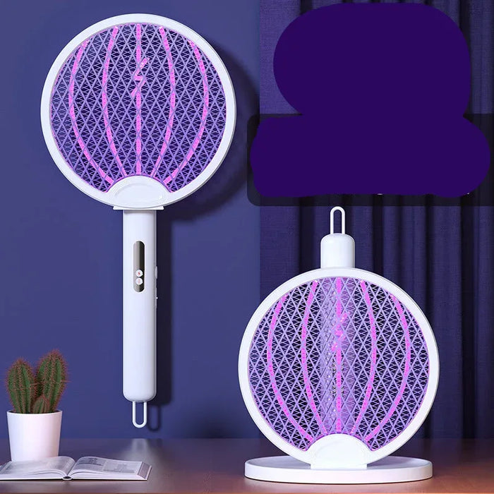 Electric fly swatter with purple light on a blue background