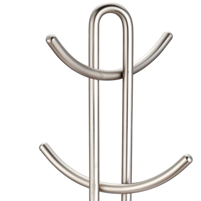Metallic coat rack with multiple hooks on a white background