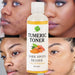 Tumeric toner bottle with a woman's face showing dark spots above and below it.