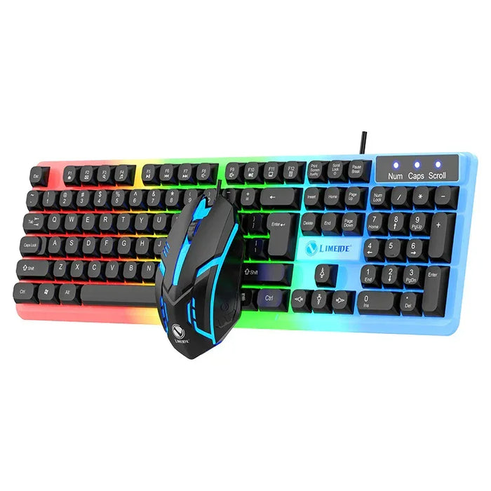 Gaming keyboard with rainbow backlighting and a mouse on a white background