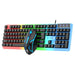 Gaming keyboard with rainbow backlighting and a mouse on a white background