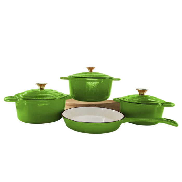 Set of green cookware with lids on a white background