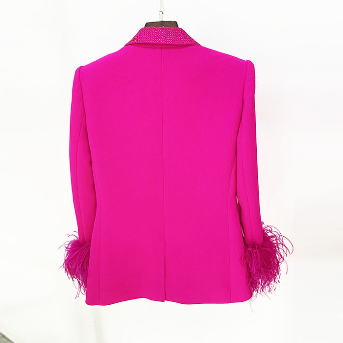 Celebrity Fashion Luxury Ostrich Real Feather Rhinestone Green Fruit Collar Blazer