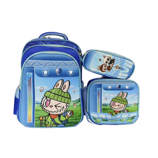 Blue children's backpack with cartoon character on a white background