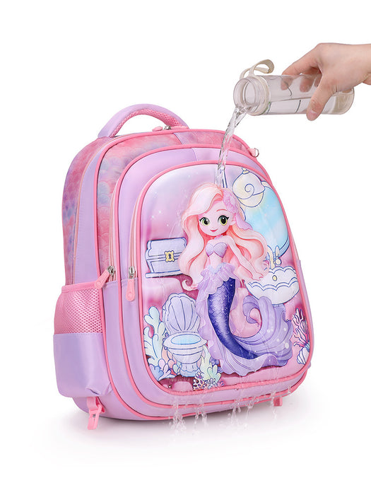 Pink backpack with mermaid design being filled with water from a bottle.