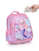 Pink backpack with mermaid design being filled with water from a bottle.