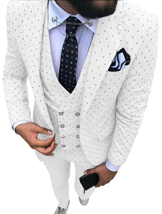 White patterned suit with a tie and pocket square on a white background