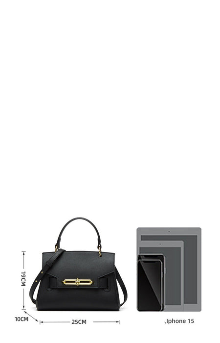 Black handbag with gold accents and product information on a white background