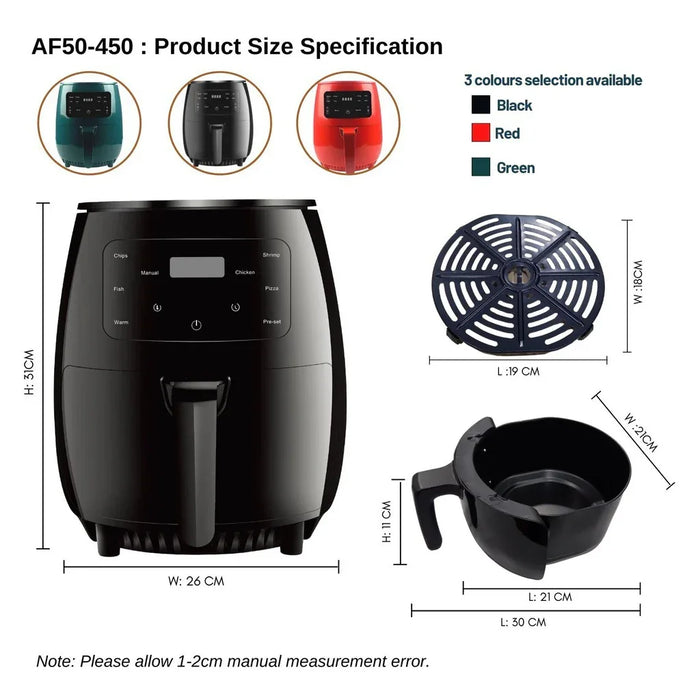 Black air fryer with dimensions and color options displayed