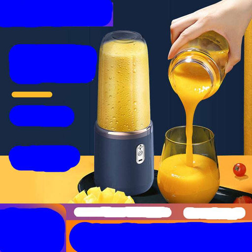 Hand pouring orange juice from a portable blender into a glass with text and branding on a dark background.