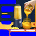 Hand pouring orange juice from a portable blender into a glass with text and branding on a dark background.