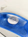 Close-up of a white and blue iron with a visible brand logo on a white background
