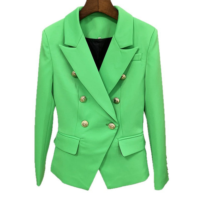 Green blazer with gold buttons on a hanger against a white background