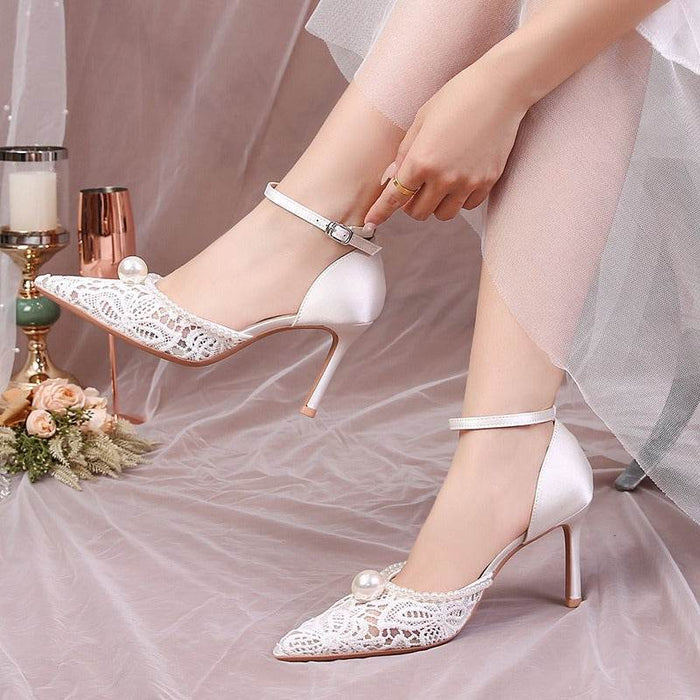 Elegant Lace Pearl High Heels for Brides - Dio Kollections