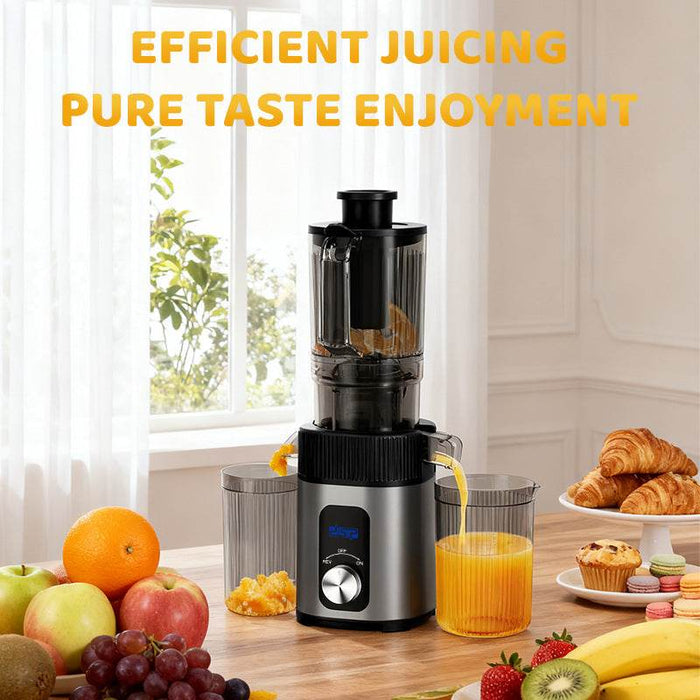 Juicer on a kitchen counter with fruits and pastries, text 'Efficient Juicing Pure Taste Enjoyment'.