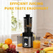 Juicer on a kitchen counter with fruits and pastries, text 'Efficient Juicing Pure Taste Enjoyment'.