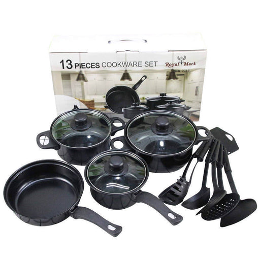 13-piece cookware set with lids and utensils in front of a branded box on a white background