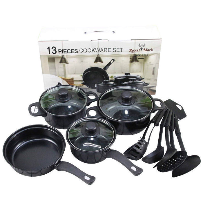 13-piece cookware set with lids and utensils in front of a branded box on a white background