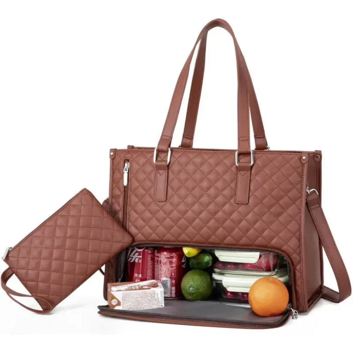 Brown quilted handbag with a smaller pouch, containing snacks and fruits on a white background
