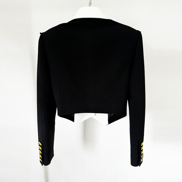 Black jacket with gold accents on a white background