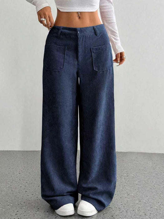 Corduroy High-Waisted Loose Floor-Length Wide-Leg Pants Front and Back Pockets