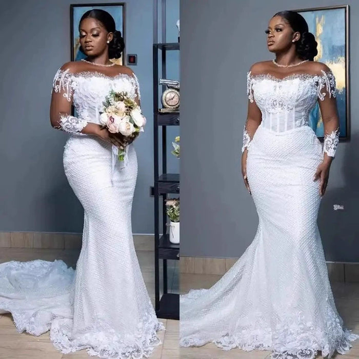 Dio African White Mermaid Wedding Dress with Sheer Long Sleeves - Dio Kollections