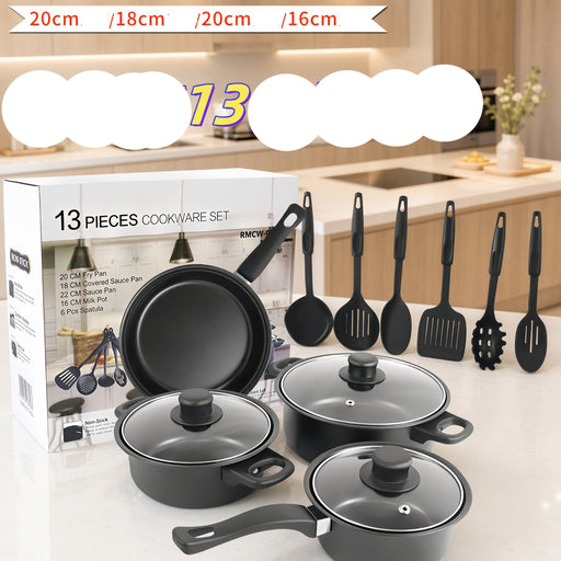 A 13-piece cookware set displayed in front of its retail box, featuring black non-stick pots, pans, lids, and utensils, with a kitchen background.