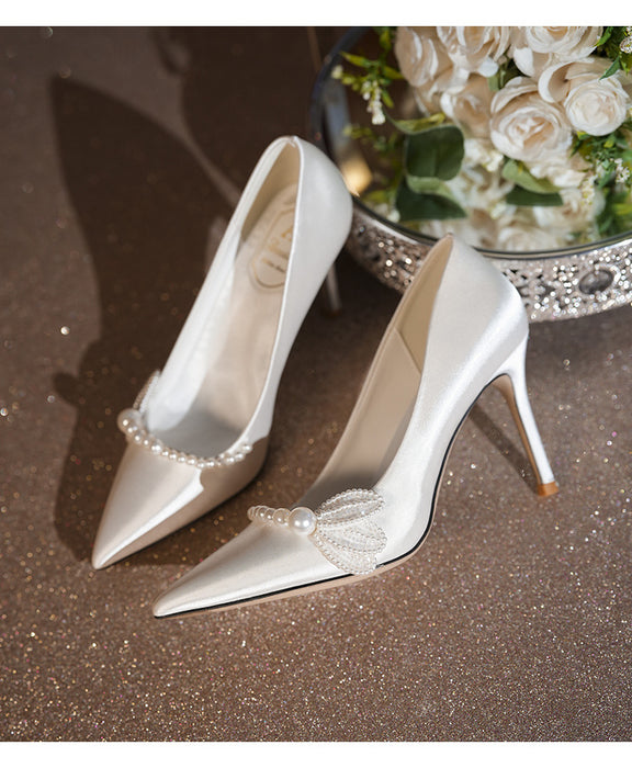 High-end Pearl French Satin Plus Size Wedding Shoes 41-43